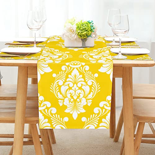 Custom Bed Usa Yellow Table Runner, Classical Luxury Damask Texture Table Runners 13X60 Inch Kitchen Dining Table Decoration For Indoor Outdoor Home Party And Dresser Decor #TOP1