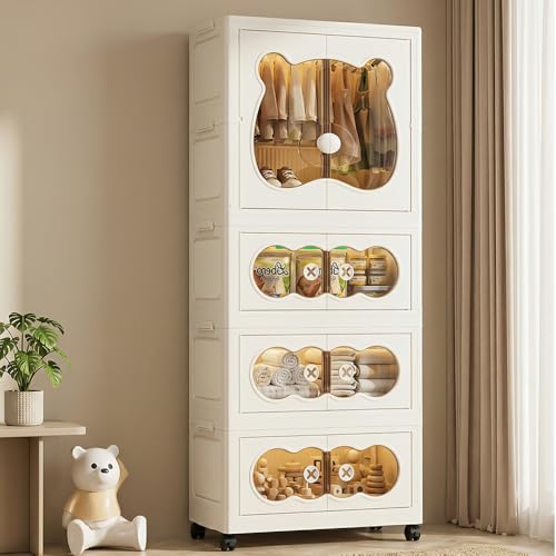 Image of StarAndDaisy Kids Bear Wardrobe /Multifunctional Collapsible Plastic Wardrobe /Almirah for Baby /Kids- Storage Cabinet - Dustproof Organizer for Baby Clothes, Toys & Books with Wheels & Hangers- Beige