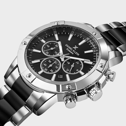Image of Daniel Klein Analog Black Round Dial Silver Case Two Tone Silver Black Metal Strap Chronograph Water-Resistant Wrist Watch for Men Boys DK.1.14095-4