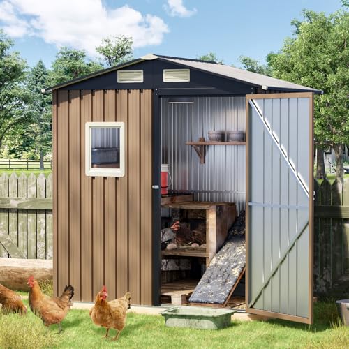 Image of 6x4 FT Outdoor Metal Storage Shed with Floor Frame, Single Door, 1 Clear Window, Tool Shed for Garden, Patio, Backyard Brown