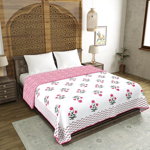 Image of BLOCKS OF INDIA 100% Cotton Dohar King Size Reversible Hand Block Printed Malmal Summer Dohar /Blanket (Color 47)