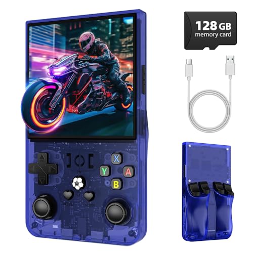Image of R36MAX Retro Handheld Game Console, 4.0 Inch IPS Screen Retro Gaming Console,Linux System, 4000mAh Battery Portable Pocket Mini Arcade, Built-in 128G,Lndigo Blue
