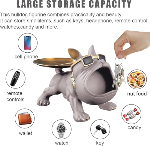 Image of Cool Bulldog Key Bowl & Accessory Tray - Matte Black & Gold Resin Dog Sculpture Multifunctional Organizer Showpiece for Keys Watches & Candy (Grey Gold, Dog with Tail Plate)