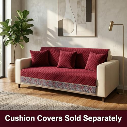 Image of KINGLY Sofa Cover 2 Seater Fully Covered | Stretchable Anti-Slip Slipcover | Washable Furniture Protector | Maroon | Seat & Back | Set of 2Pc
