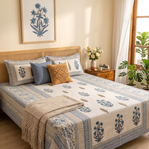 Image of Naksh Bedsheet for Double Bed King Size Blue Floral Block Print 2 Pillow Covers | Block-Print Inspired Design | Ornate Borders Heritage Craft in Bed Sheet Double Bed | Royal Sajawat Collection |
