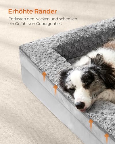 Feandrea Orthopädisches Hundebett für große Hunde, wasserdichtes Hundesofa mit abnehmbarem Plüsch-Bezug, 106 x 76 x 16 cm, Taubengrau PGW253G01