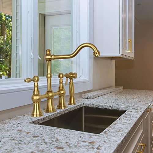 Two-Handles Bridge Kitchen Faucet With Side Sprayer (Brushed Gold) #TOP3