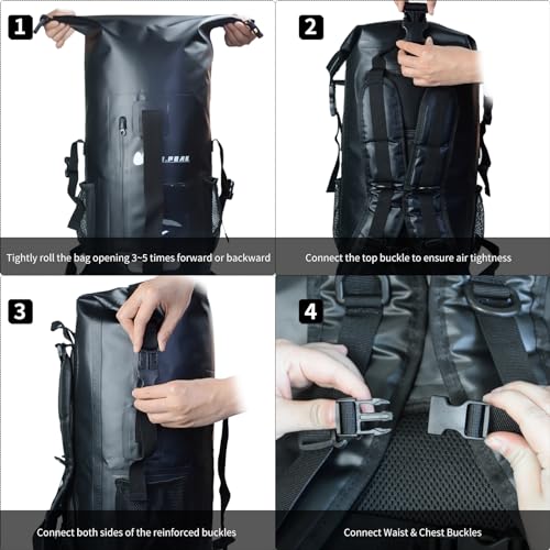 Bolsa seca impermeable mochila IPX6, cierre enrollable para camping, natación, pesca, rafting, viaje, color negro, 55 litros miniatura 5