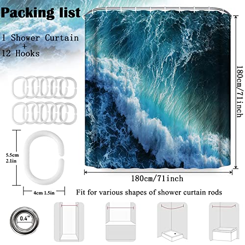 Shower Curtain Blue Mould Proof Resistant Waterproof 3D Ocean Waves Bathroom Curtains with 12 hooks Quick-Drying Weighted 180x180cm (71x71Inch) Polyester Shower Curtains for Bathroom Wet Room Tub - Image 4