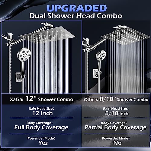 Rain Shower Head With Handheld Spray, 12" High Pressure Rainfall Shower Head With 11" Extension Arm, 6 Settings Anti-Leak Handheld Shower Heads With Hose, Built-In Power Wash, Height/Angle Adjustable #TOP1