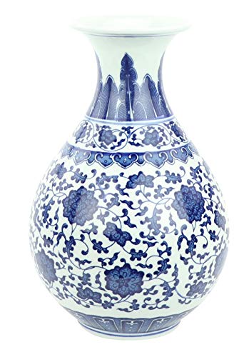 Fine Asianliving Vase en Porcelaine Chinois Lotus Bleu et Blanc Diam20xH31cm Chinois Vase Chinois Pot de Gingembre Oriental Asiatique Porcelaine CéramiqueJingdezhen Mandarin Décorative Cover