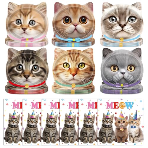 Funnio lucu 96 piezas de decoraciones de cumpleaños de gatos, vajilla desechable para fiesta de gatitos con platos de fiesta, servilletas de papel, vajilla para fiestas de cumpleaños temáticas de