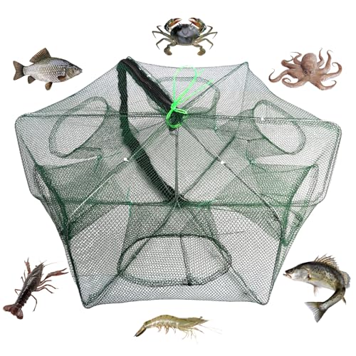 Trampa de Pescado, 58×22cm Trampa para Peces de Cangrejo de Nailon, Red de Pesca Plegable Portátil, Jaula de Camarones 6 Agujeros Trampas Peces, para Pescar Anguilas Cangrejos, Camarones y Cangrejos