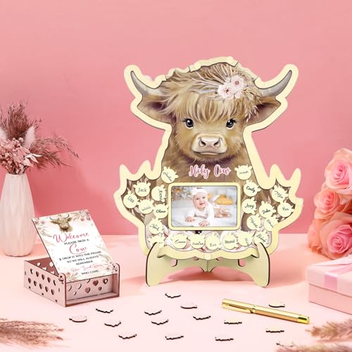 Image of Wenqik 63 Pcs Highland Cow Baby Shower Guest Book Alternatives Set Baby Shower Decorations with Photo Frame Sonogram Frame Keepsake 60 Wood Slices Guest Book for Birthday