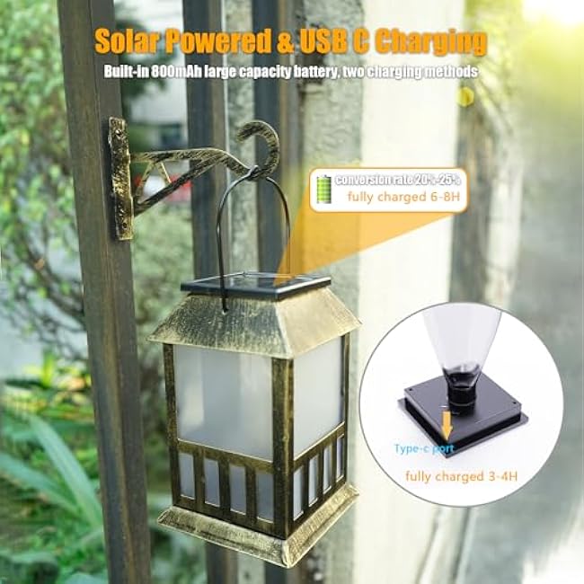 Solar Lanterns Outdoor Waterproof, 3D Star Light with Flashing Mode, Solar & USB C Charging, Metal Hanging Lantern for Wall Landscape Yard Patio Driveway Garden Decor, Warm Light 2 Pack