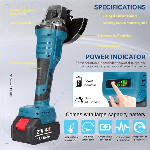 Akku Winkelschleifer, Bürstenloser Motorschleifer, Winkelschleifer,125mm, 23000RPM, mit Hilfshandgriff, 2*Schleifscheiben und 2*Akku – Bild 8