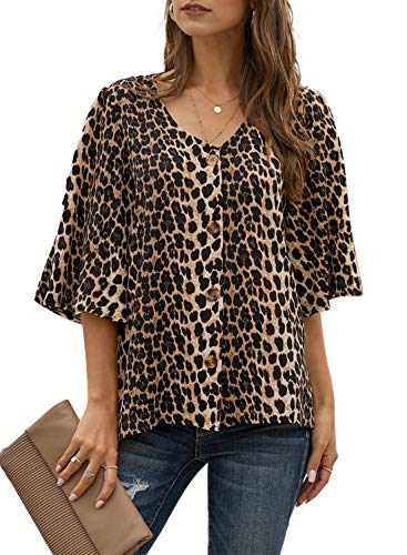 Ecrocoo Womens Bell Flared Sleeve Button Up Fashion Stylish Trendy Leopard Print Blouses Summer Shirt for Lady Woman V-Neck Loose Cute Soft Comfy Office Shirt Casual Tunic Tops Shirts XL