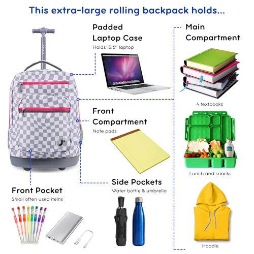 Image of J World Sundance Laptop Rolling Backpack for Girls Boys. Roller Bookbag with Wheels, 20 Inch, Lavender Checkers