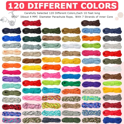 Riakrum 120 Pcs Paracord Rope 550 10 Feet Multifunction Paracord Cord Parachute DIY Bracelets Making Kit with Drawstring Bag for Christmas Making Lanyard Dog Collar Gift(Bright Colors) - Thumbnail 2