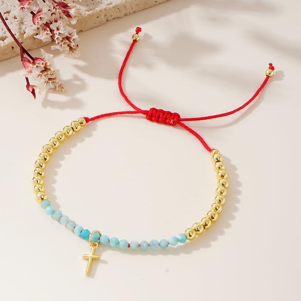 Gold Beaded Cross Bracelet Stack for Women, Gemstone Non Tarnish Adjustable Red String Gold Beads Bracelet Handmade Stackable Fashion Jewelry Christian Gift Inspirational Gift for Women - Image 3