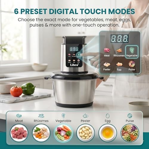 Image of Libra Electric Chopper 2L with Preset Menus, 500W Copper Motor, SS304 Stainless Steel Bowl, 6-Wing Blade, Meat Mincer, Vegetable Cutter, Garlic Peeler & Egg Whisker for Kitchen