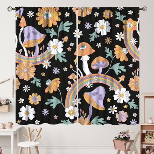 ZhiRain Retro 70s Floral Curtains Funky Mushrooms Flower Hippie Vintage