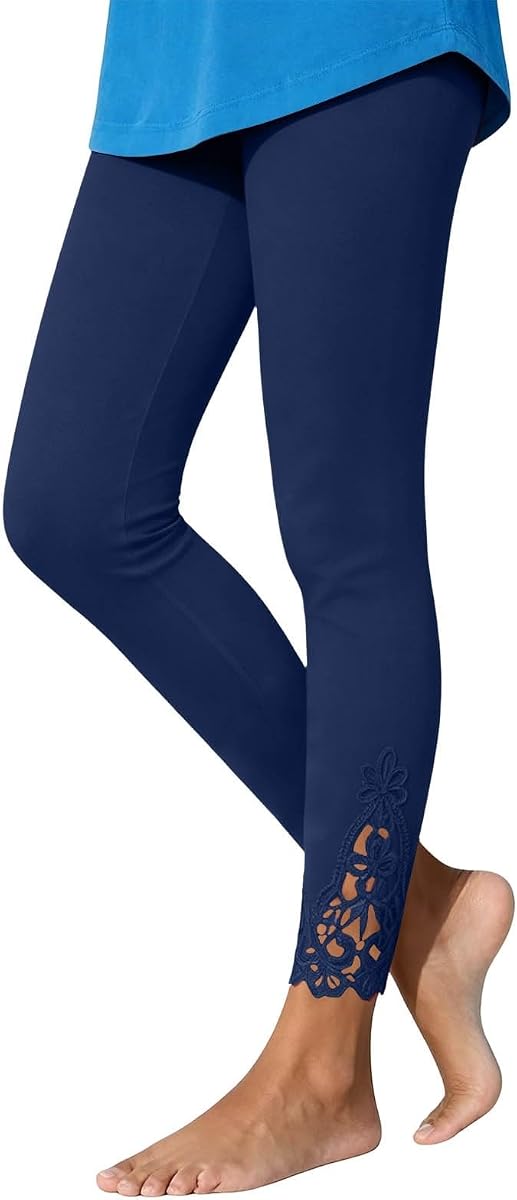 Leggings de yoga capri de cintura alta con ribete de encaje para mujer elásticos suaves