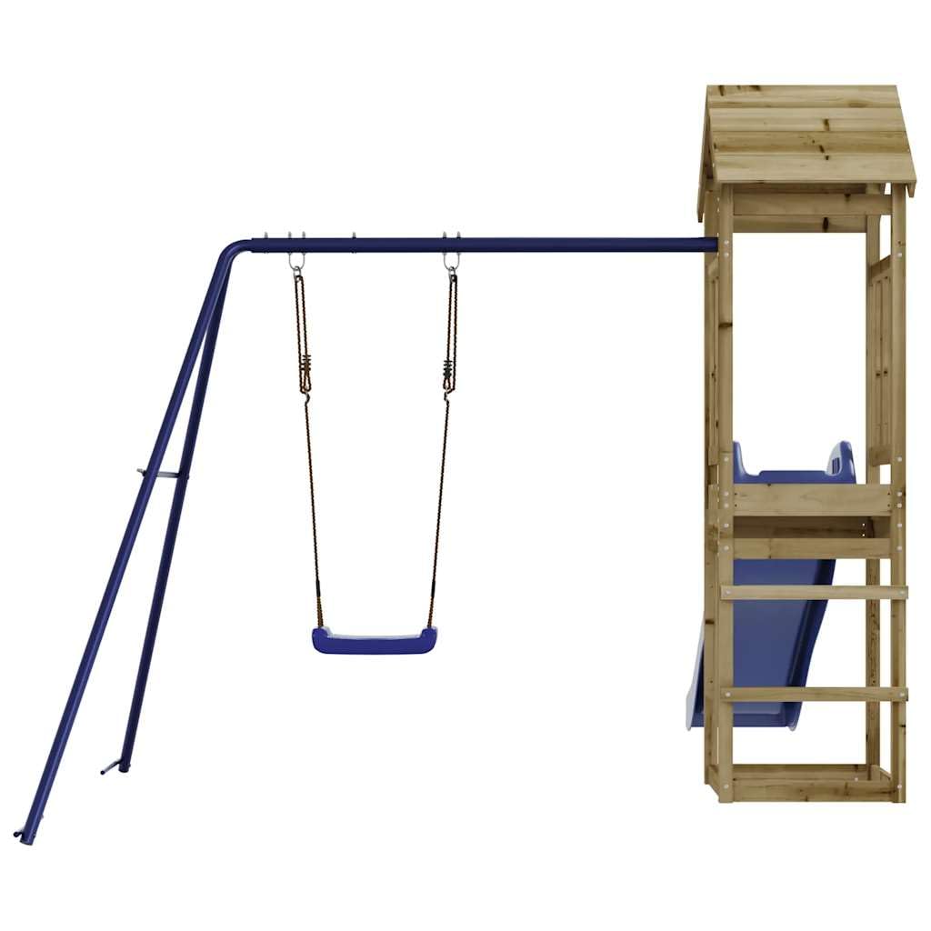 Torre de juegos de madera de pino impregnada con columpio, tobogán, arenero y pedestal, estructura de escalada para jardín, patio o terraza, parque infantil para movimiento y aventura al aire