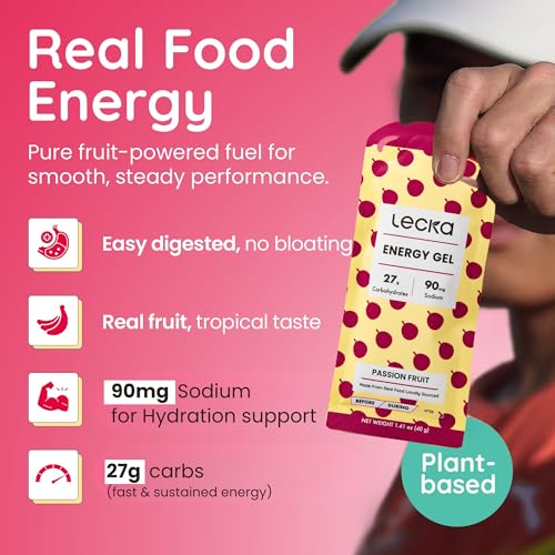 Image of Lecka Energy Gel Passion Fruit - 27g Carbs & 90mg Sodium - Real Fruit, No Maltodextrin, Vegan, Gluten-Free - Running and Triathlon Fuel (24 Pack)