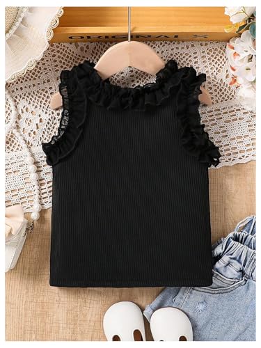 Image of GORGLITTER Girl's Sleeveless Tees Crop Tops Round Neck Ribbed Knit Cute Tank Top Black 4Y