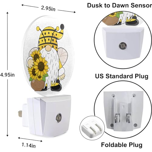 Image of Gnome Night Lights Plug into Wall Summer Bee Gnome Sunflower Yellow Floral LED Dusk to Dawn Plug-in Nightlight Auto Sensor for Bedroom Bathroom Hallway Living Room