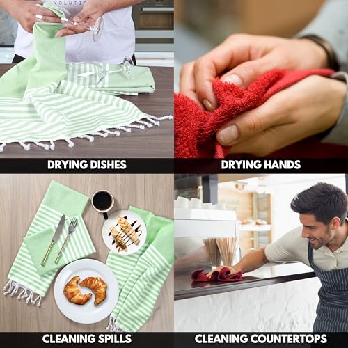 Image of Turkish Kitchen Towels 18x26 Inches with Tassels - 4 Pack - Absorbent, Durable, Soft 100% Cotton Dish Towels for Drying & Cleaning - Machine Washable, Quick Dry - Apple Green