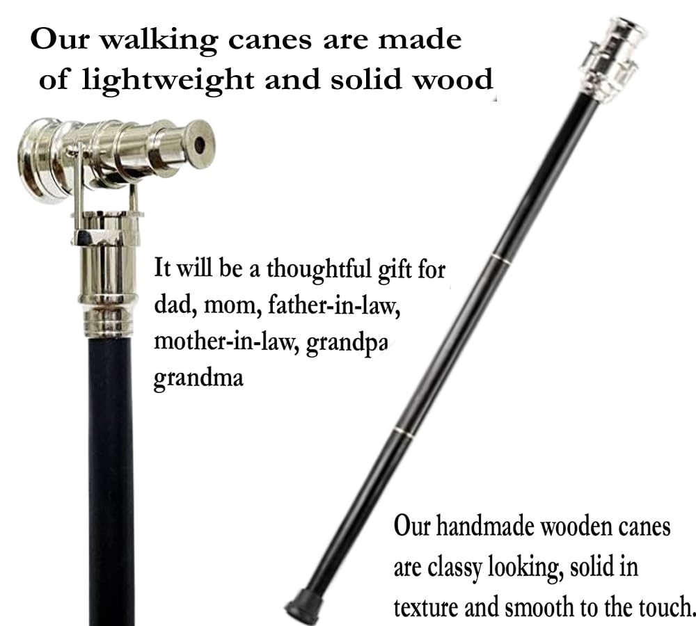 Bastone da passeggio in ottone vintage con manico telescopico canna in legno, manico cromato con testa in vetro spyglass nero bastone da passeggio in stile vittoriano 3 bastone pieghevole 37 pollici