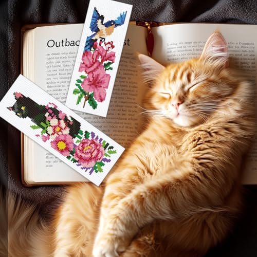 Image of BEUNITONE 6 PCS Cross Stitch Bookmark Kit for Adults Beginners,Animal and Floral Pre-Printed Cross Stitch,DIY Stamped Embroidery Bookmark Kits,with Instructions,Craft Kit for Book Lovers 8.5''x3''