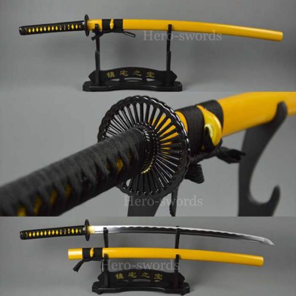 Traditional Handmade T1095 High Carbon Steel Katana Real Battle Ready Japanese Samurai Sword Full Tang Sharp Blade Black Wheel Tsuba Yellow Saya