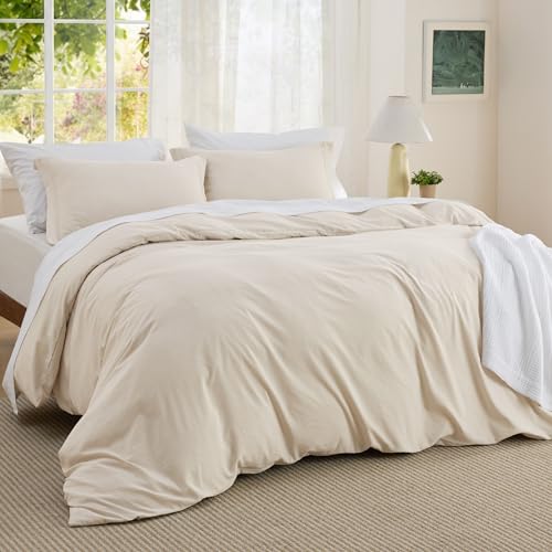 Image of Bedsure Textured Duvet Cover King Size - Cotton-Like Polyester Jacquard Duvet Cover Set for All Seasons - 3 Pieces Ultra Soft Bedding Set with 2 Pillow Shams, NO Comforter (Beige, King, 104 inch x 90 inch)