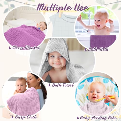 Image of VitalCozy 12 Pcs Baby Muslin Hooded Bath Towels and Washcloths, Muslin Hooded Baby Towels Absorbent Blankets for Gift Newborn Infant Shower (Purple Series)