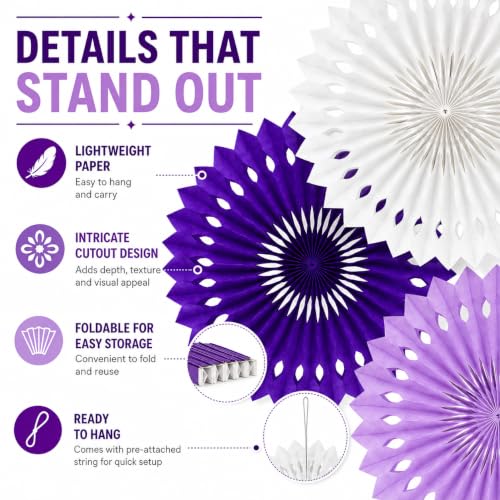 Image of Purple White Hanging Honeycomb Round Paper Fans Halloween Decoration Kit for Baby Boy Shower Birthday Wedding Under The Purple Theme Photo Booth Backdrops Paper Party Supplies 11 Count