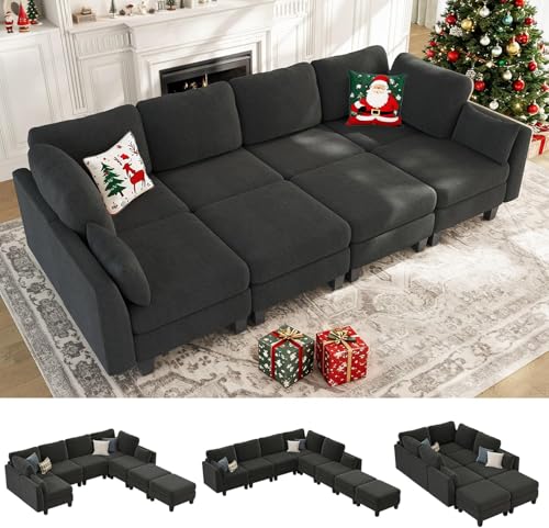 Dowiean Sectional Sleeper Sofa, 8 Seaters Modular Sleeper Sofa Couch, Comfy Sectionals Couches Bed, Convertible Sofas with Ottomans, Modular Sectional Couches for Living Room, Dark Grey