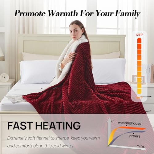 Westinghouse Full Size Heated Blanket, Soft Flannel to Sherpa Reversible, Electric Blanket Full with 10 Heating Settings & 1-12 Hours Auto Shut Off, Machine Washable, (72" x 84", Red)