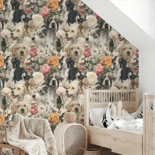 Peel and Stick Art Pet Retro Dog Moody Wallpaper Vintage Removable Floral Textured 17.7" x 236.22" Wall paper Watercolor Self Adhesive Contact Paper for Classroom Bedroom laundry room bathroom by Alzkkll - Used condition - Image 7