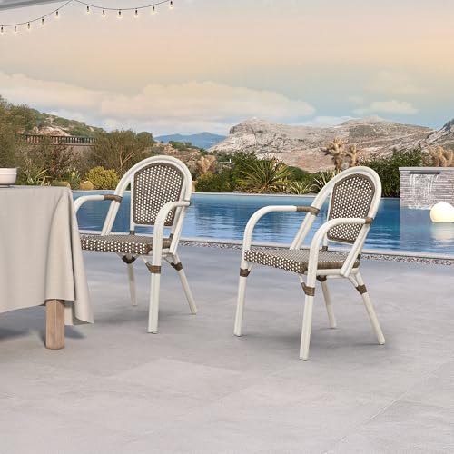 Image of PURPLE LEAF Outdoor Rattan Dining Armchairs Set of 4, White Finish, Brown