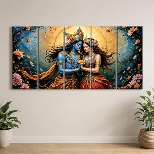 Image of RAVLEX Radha Krishna Wall Painting Wooden Framed UV Printed Wall Art for Living Room Bedroom Home Decor, 5 Panel Religious Wall Frame for Office Hotel Drawing Room, 24x48 Inch