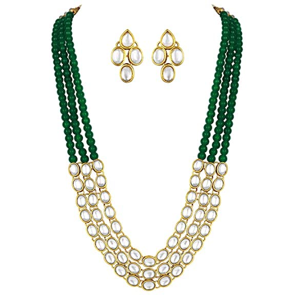 I JewelsGold Plated Traditional Stunning White Kundan Studded Layered Pearl Necklace Jewellery Set with Earrings For Women/Girls (IJ376)