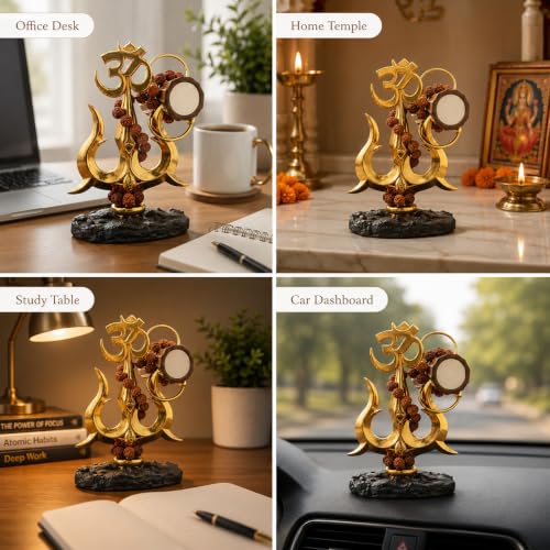 Image of Lord Shiva Trishul Idol with Om, Damru & Rudraksha Beads - Resin Gold Finish, 4.5 Inch | Spiritual Decor for Home Temple, Office Desk & Car Dashboard