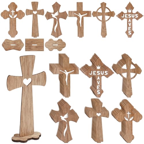Yuntau 24 Pcs Wooden Crosses Baptism Crafts Centerpieces for Tables Wood Catholic Standing Cross with Bases for Communion Decor Home Tables Decoration Gift, 6 Styles, 6.7 x 4.3 Inch (Brown)