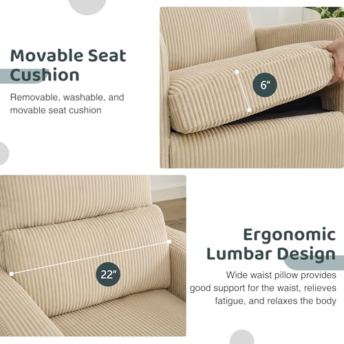 Image of Swivel Rocker Recliner, Oversized Manual Nursery Glider Rocking Recliner Chair with Removable Cushion, Upholstered Corduroy Swivel Reclining Chair for Nursery Living Room Bedroom, Camel