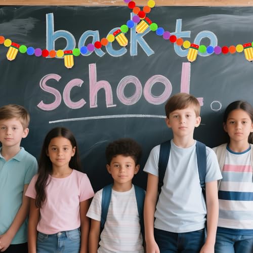 Image of 3 Pcs Back to School Felt Banner Pencil Garland Classroom Return to School Pom Pom Ball Colorful Pompom Hanging Banner Hanging Garland for First Day of School Classroom Decoration