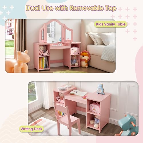Image of MOUDS Kids Vanity Set 2 in 1, Sturdy & Durable Princess Makeup Table, Easy Assembly Toddler Vanity with Open Storage, Detachable Tri-fold Mirror Vanity for Little Girls Age 3-9 (Pink with Chair)