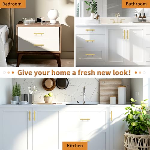 Image of Probrico 5 Pack 3 Inch Center-to-Center Kitchen Cabinet Pulls T Bar Gold Cabinet Handles Modern Drawer Hardware Dresser Pulls, 5 Inch Total Length